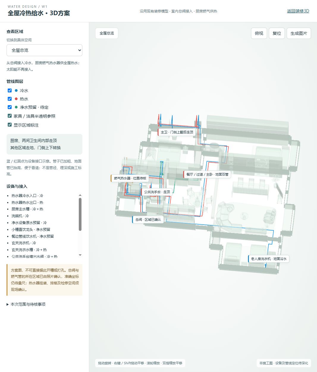 全屋冷热给水方案：蓝色冷水、红色热水、绿色净水预留